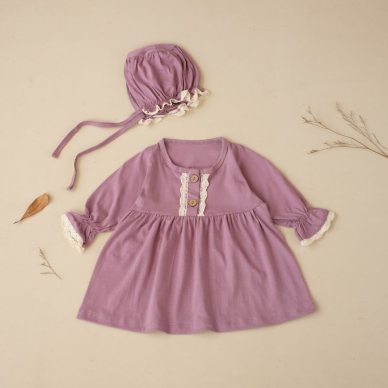 Jual Dress Bayi Raline Bahan Katun Lengan Panjang Bonus Topi Bonnet 0