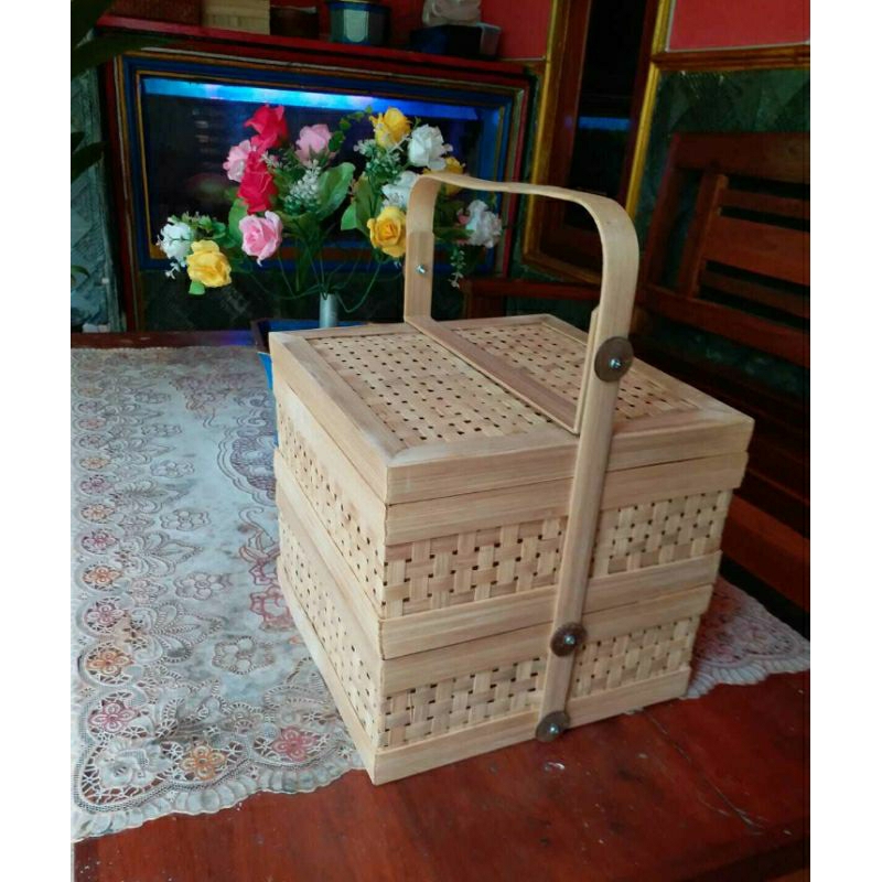 Jual Rantang Bambu Susun 2 Ukuran 25cm Hampers Lebaran Murah Shopee