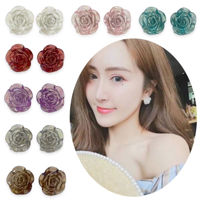 Jual Anting Jepit Tusuk Bunga Mawar Rose Holo Flower Clip Stud Earrings