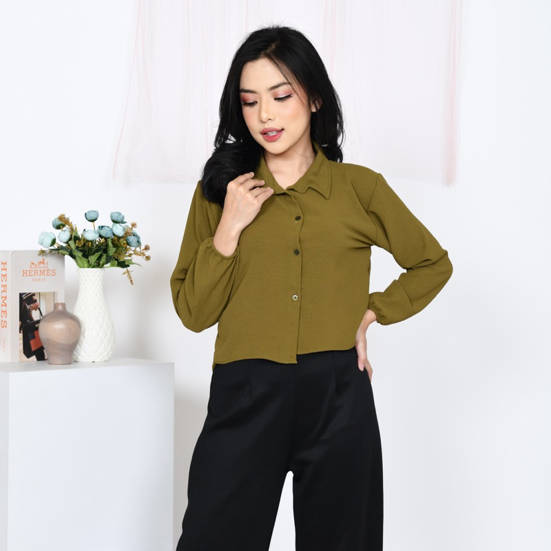 Jual Kemeja Crop Crinkle Air Flow Lengan Balon Blouse Crop Polos