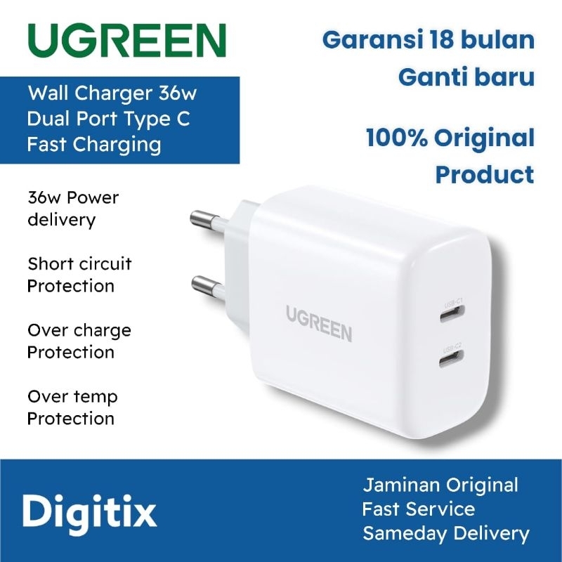 Jual UGREEN Kepala Fast Charger Adaptor 36w PD Dual Port Type C QC4 0