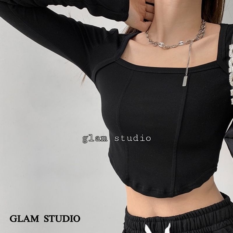 Jual Glamstudio Crop Top Long Sleeve Korea Kaos Crop Lengan Panjang