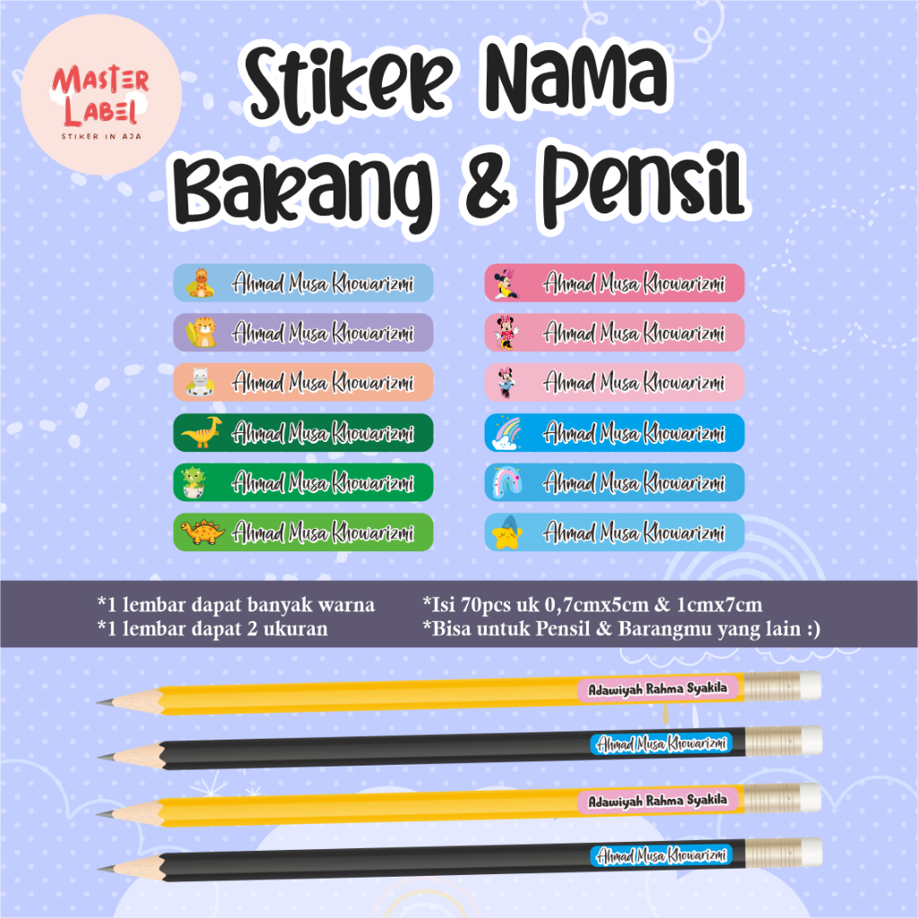 Jual Stiker Nama Custom Stiker PENSIL Uk A4 ISI 70pcs Stiker Nama