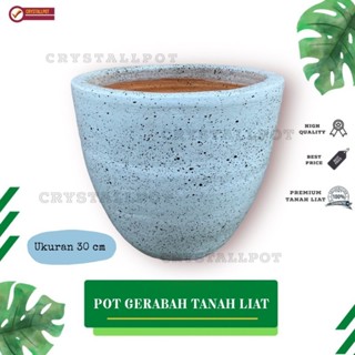 Jual POT BUNGA GERABAH TANAH LIAT MOTIF SPRINKLE PUTIH D30 T25