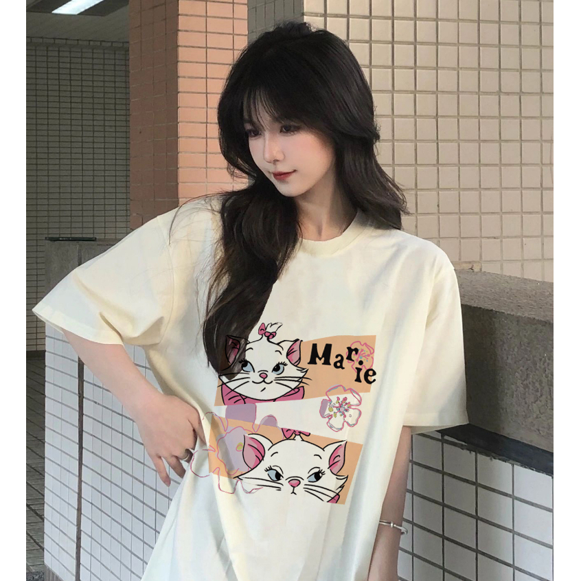 Jual Marlacoeur Cartoon White Cat Kaos Hitam Lengan Pendek Wanita