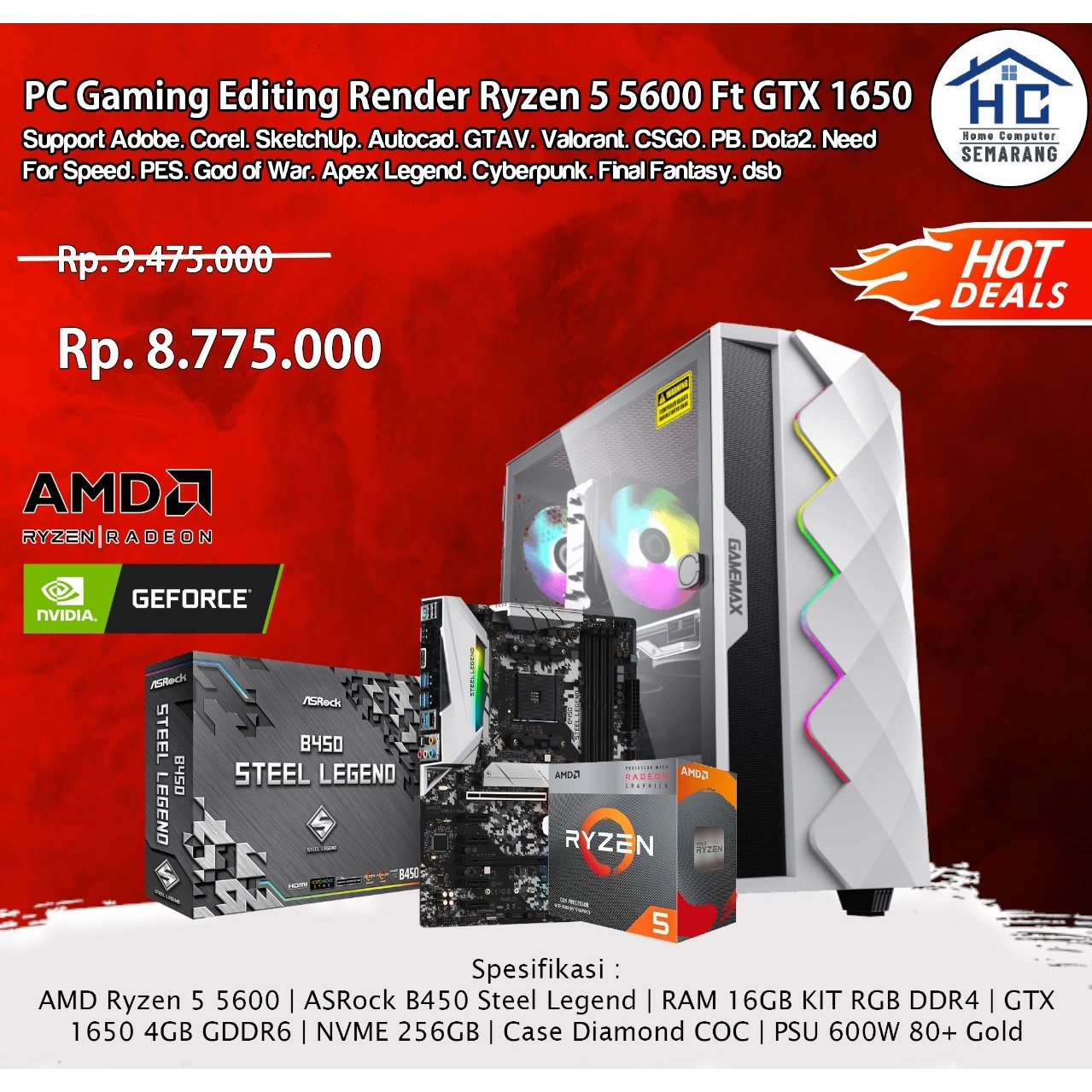 Jual PC Gaming Editing Render Ryzen 5 5600 16GB RAM GTX 1650 4GB GDDR6