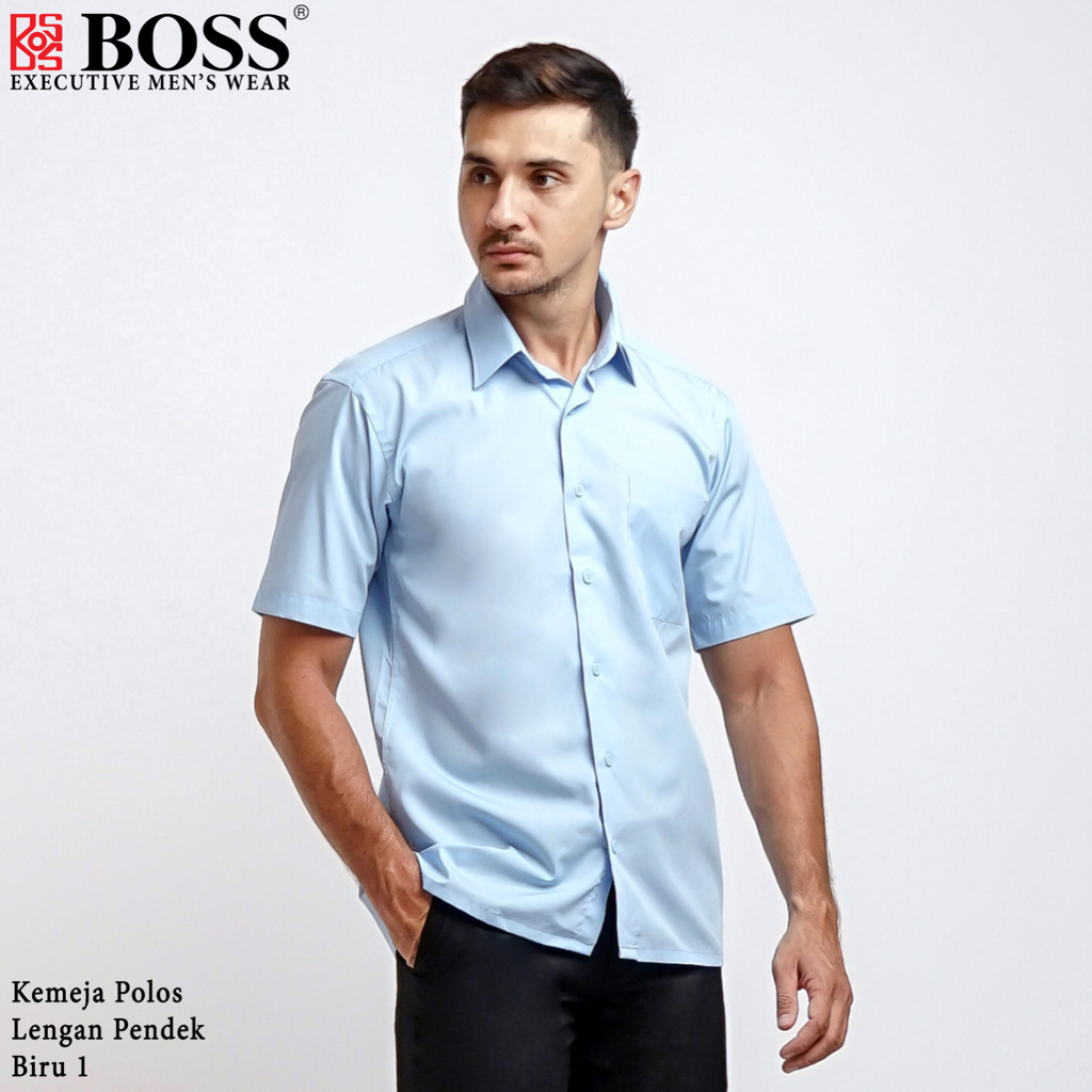 Jual Boss Kemeja Polos Pria Lengan Pendek Regular Fit Biru Shopee