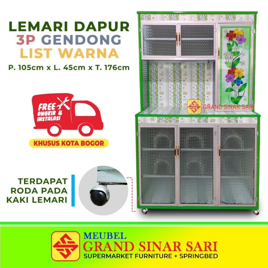 Jual Lemari Dapur Rak Piring Sayur Alumunium 3 Pintu Gendong Warna Roda