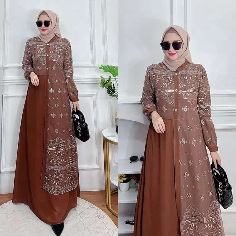 Jual Vallina Outfit Allena Maxy Dress Brokat Layering Gamis Modern