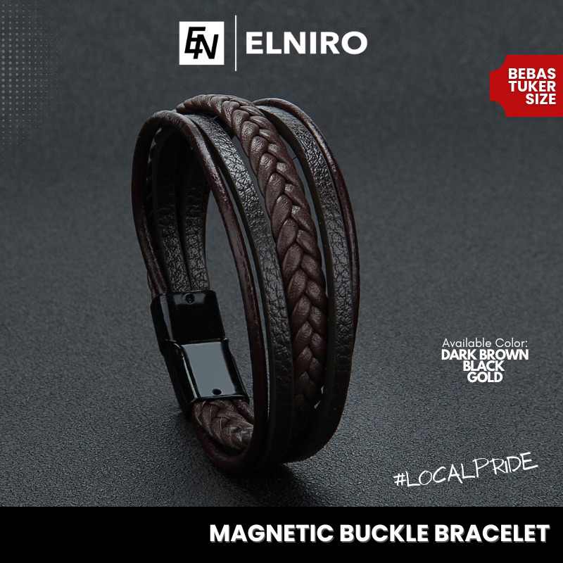 Jual ELNIRO Gelang Kulit Pengait Magnet Pria ANDREA Stainless Leather