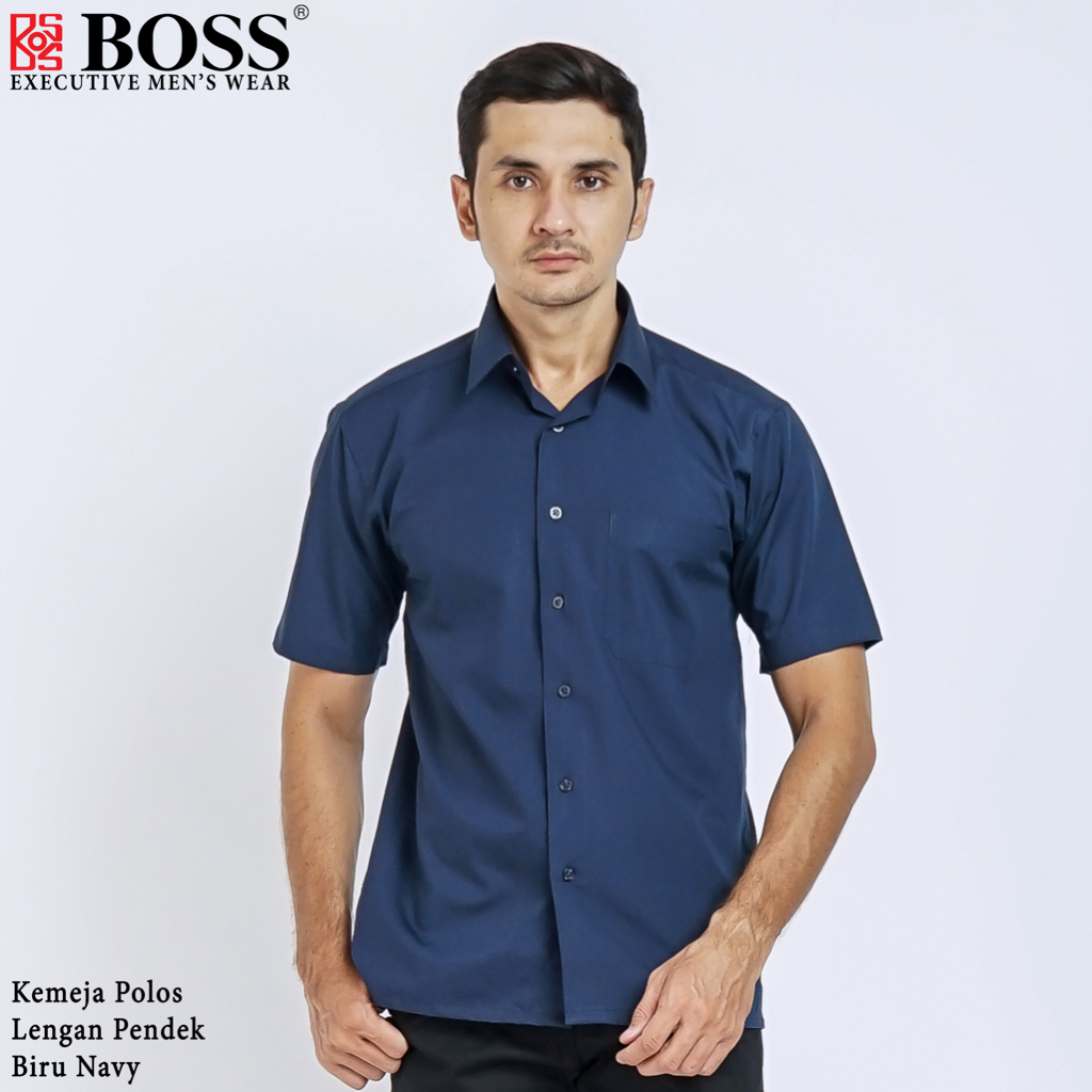 Jual BOSS Kemeja Polos Pria Lengan Pendek Regular Fit Biru Navy