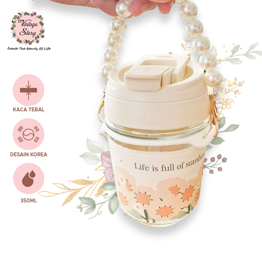 Jual Botol Minum Lucu Kaca Aesthetic Tumbler Korea Dengan Tali Mutiara