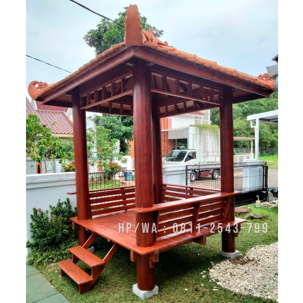 Jual Gazebo Minimalis Kayu Kelapa Atap Genteng Tanah Saung Gasebo Taman