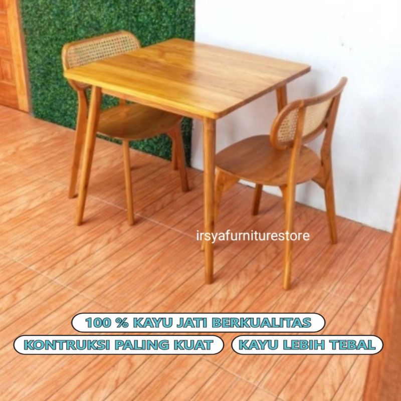 Jual Meja Makan Minimalis 2 Kursi Kayu Jati Sandaran Rotan Set Meja