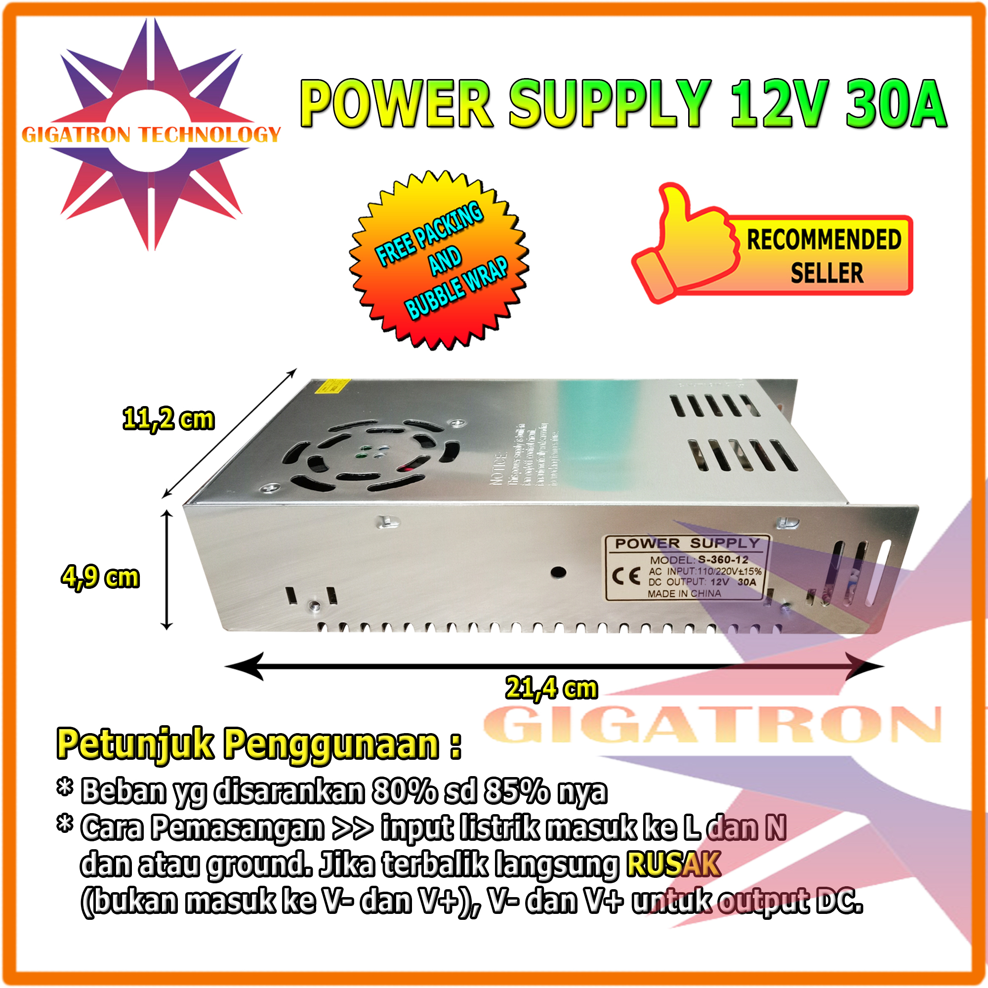 Jual Power Supply Adaptor Switching 12V 30A Body Jaring Trafo Power