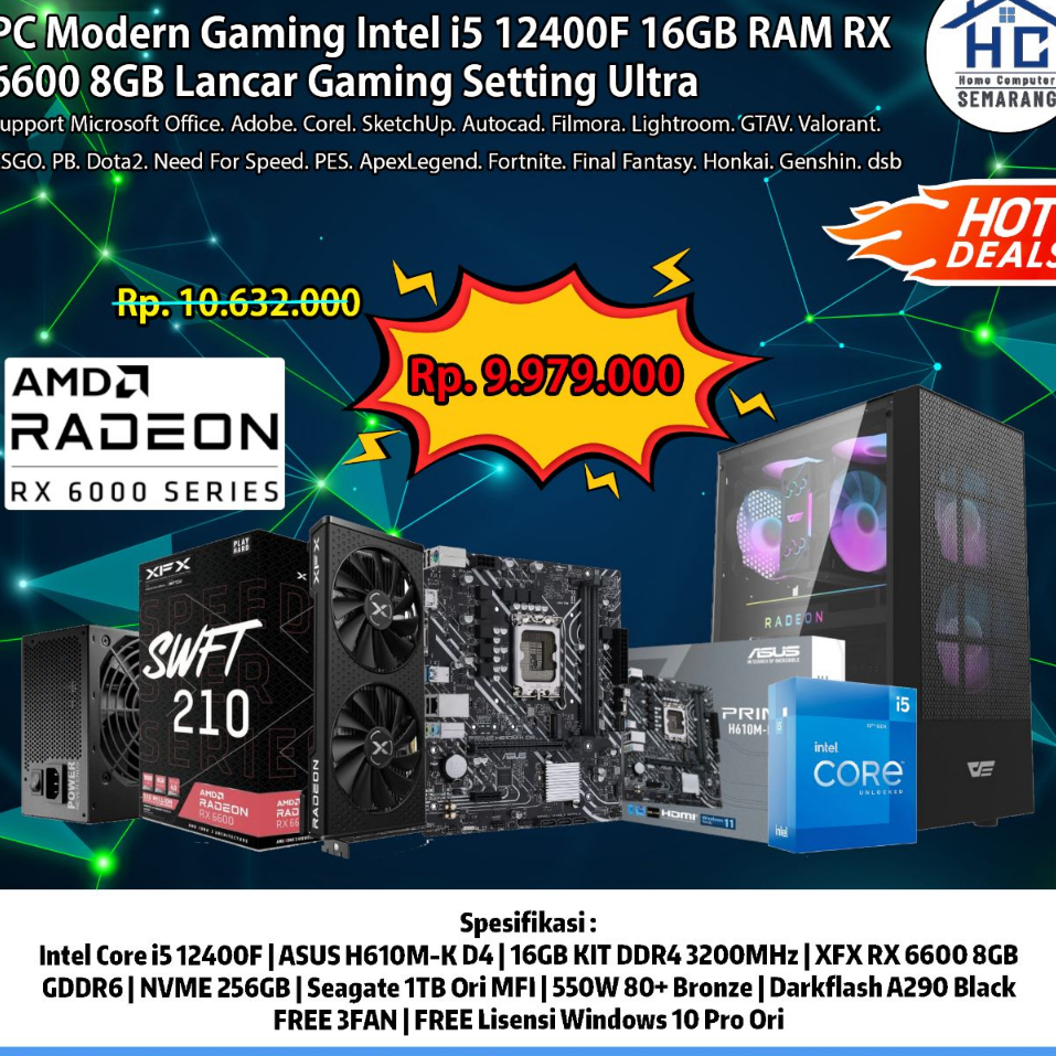 Jual PC Modern Gaming Intel I5 12400F 16GB RAM RX 6600 8GB Lancar