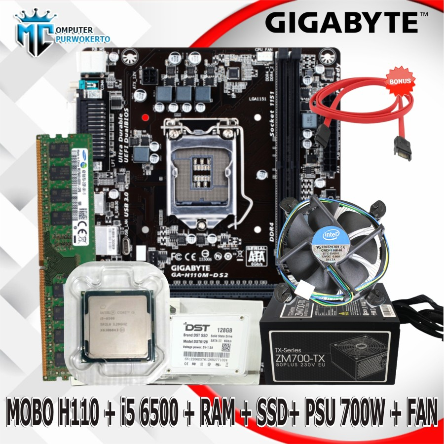 Jual Paket Mobo H110 DDR4 Core I5 6500 RAM SSD PSU 700W FAN