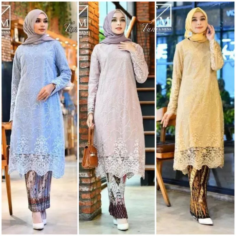 Jual Brokat Kebaya Kondangan Tunik Kurung Lengan Panjang Setelan