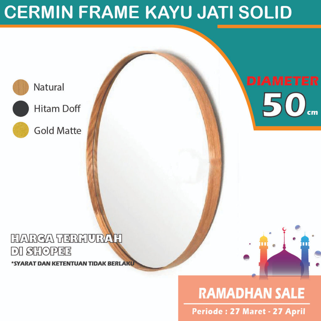 Jual Cermin Bulat Diameter 50cm Bahan Kayu Jati Untuk Hiasan Dinding