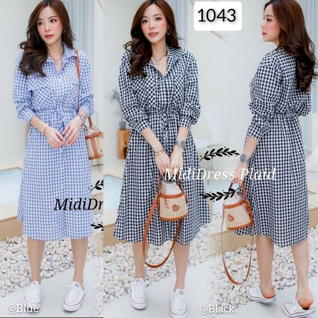 Jual Dress Modern Kekinian Midi Dress Plaid Dress Kotak