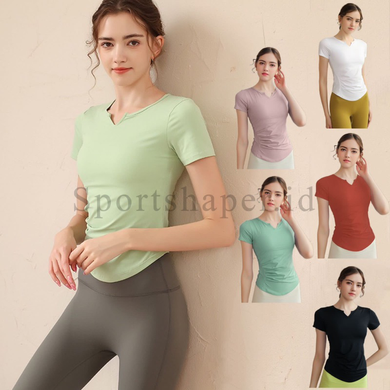 Jual Baju Olahraga Wanita Lengan Pendek Yoga Gym Leher V LY228 Pendek