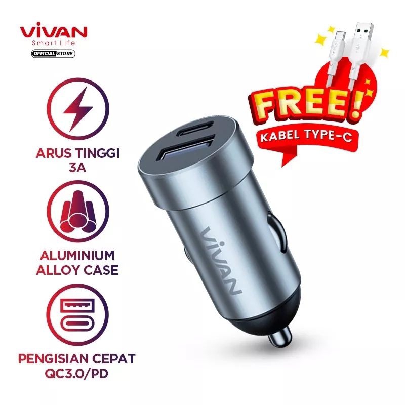 Jual VIVAN VCC02 Car Charger Casan Mobil 2 Port USB A Type C 20W 3A