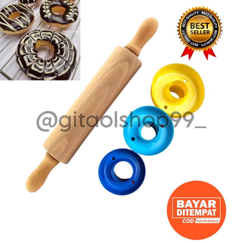 Jual 1 SET CETAKAN DONAT PLASTIK ROLLPIN KAYU GILINGAN ADONAN ANTI