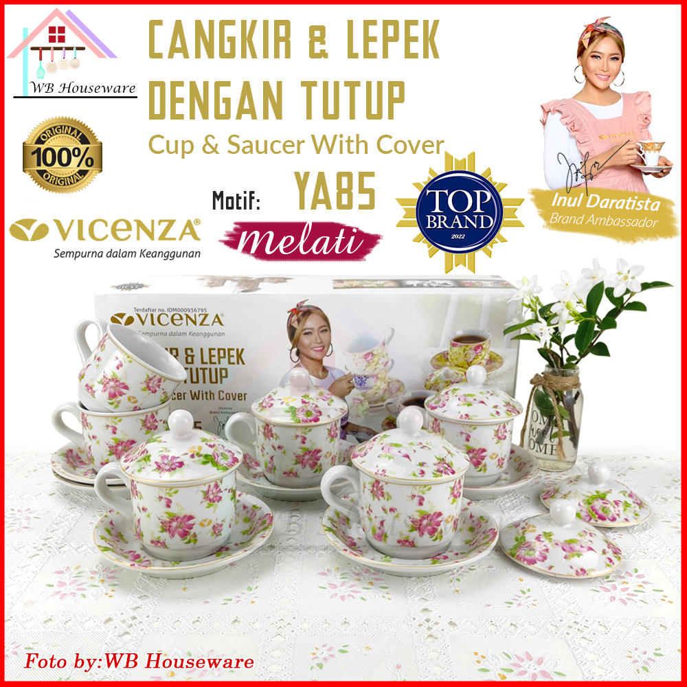 Jual VICENZA 6 Pasang Cangkir Set Tutup Motif Magnolia Coffee Tea