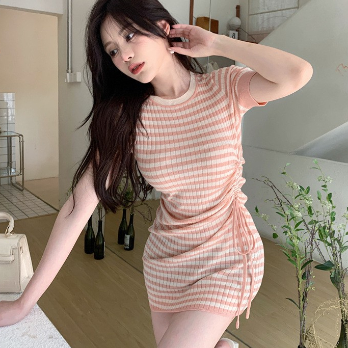 Jual Premium Korean Mini Dress Striped Drawstring Mini Dress Korea