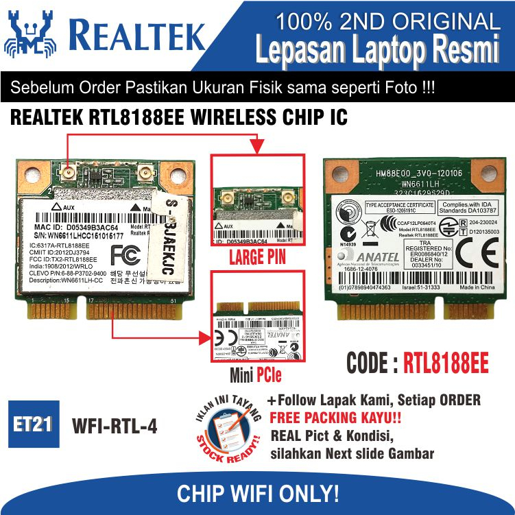 Jual Et Wfi Rtl Internal Wifi Card Wifi Chip Laptop Notebook