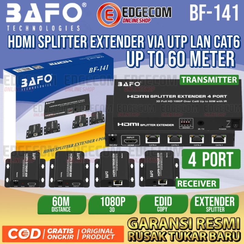 Jual BAFO HDMI Extender Splitter 4 Port Via UTP CAT6 Up To 60 Meter BF