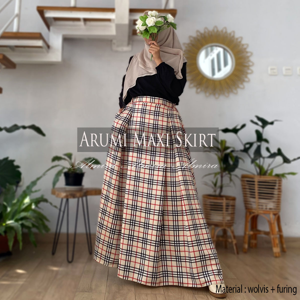 Jual Rok Tartan Panjang Motif Kotak Kotak Korea Kekinian Arumi Maxi