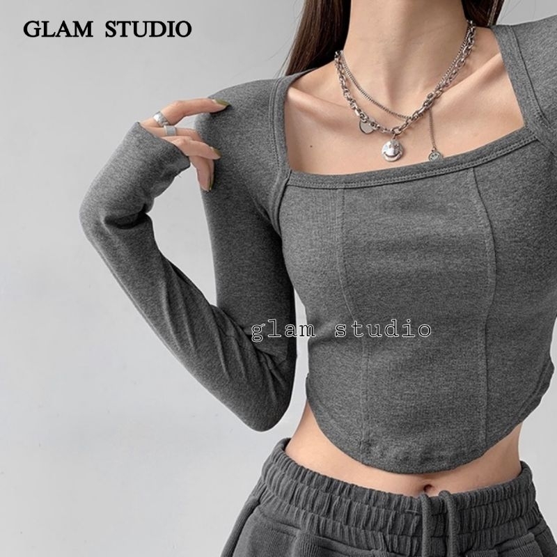 Jual Crop Top Lengan Panjang Leher Kotak Kain Lebih Tipis Dari Catalog