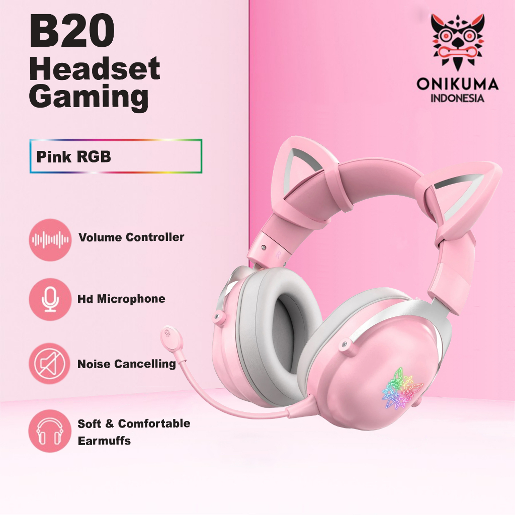 Jual ONIKUMA B20 Headset Gaming Pink RGB Model Cat Ears Bluetooth