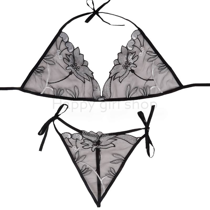 Jual Lingerie Wanita Sexy Bikini Malam Transparan Bunga Bordir Set Tali
