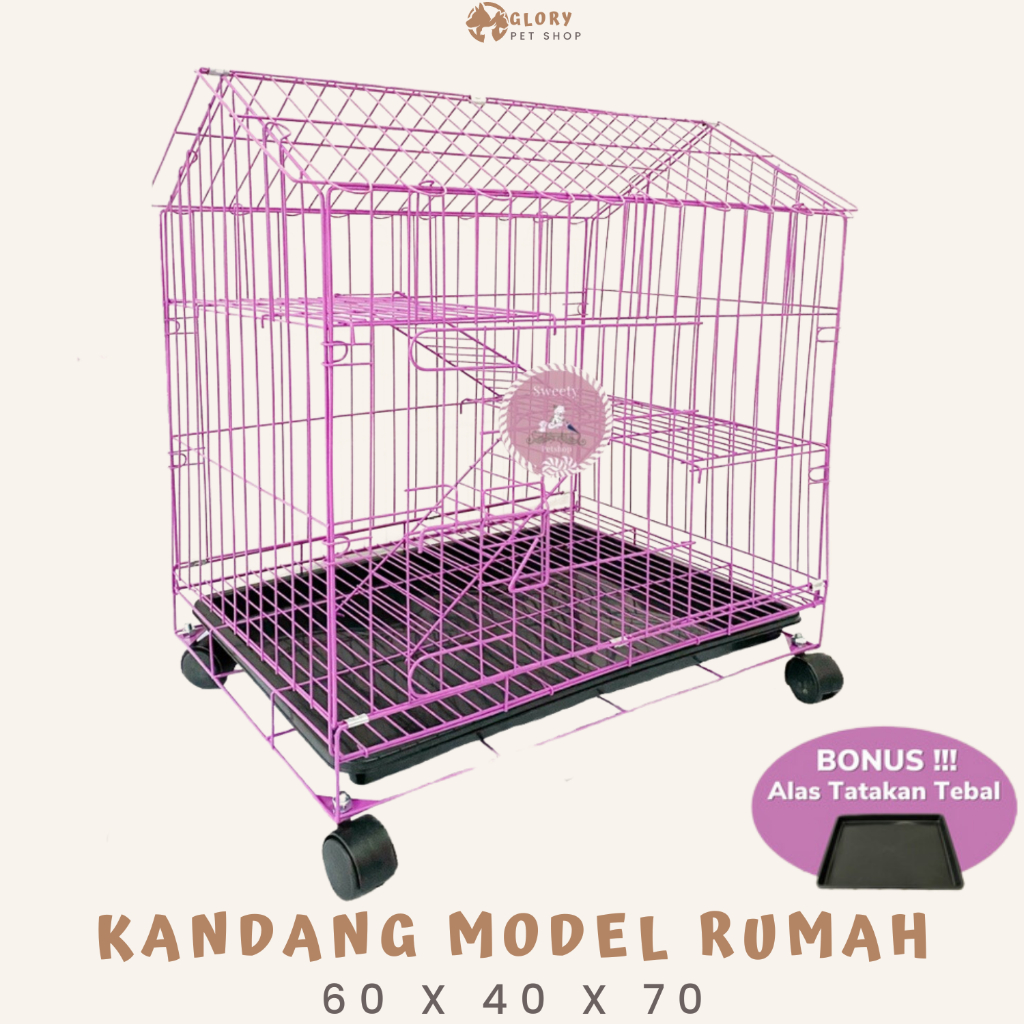 Jual KANDANG KUCING 2 TINGKAT MODEL RUMAH 60X40X70 RODA KANDANG