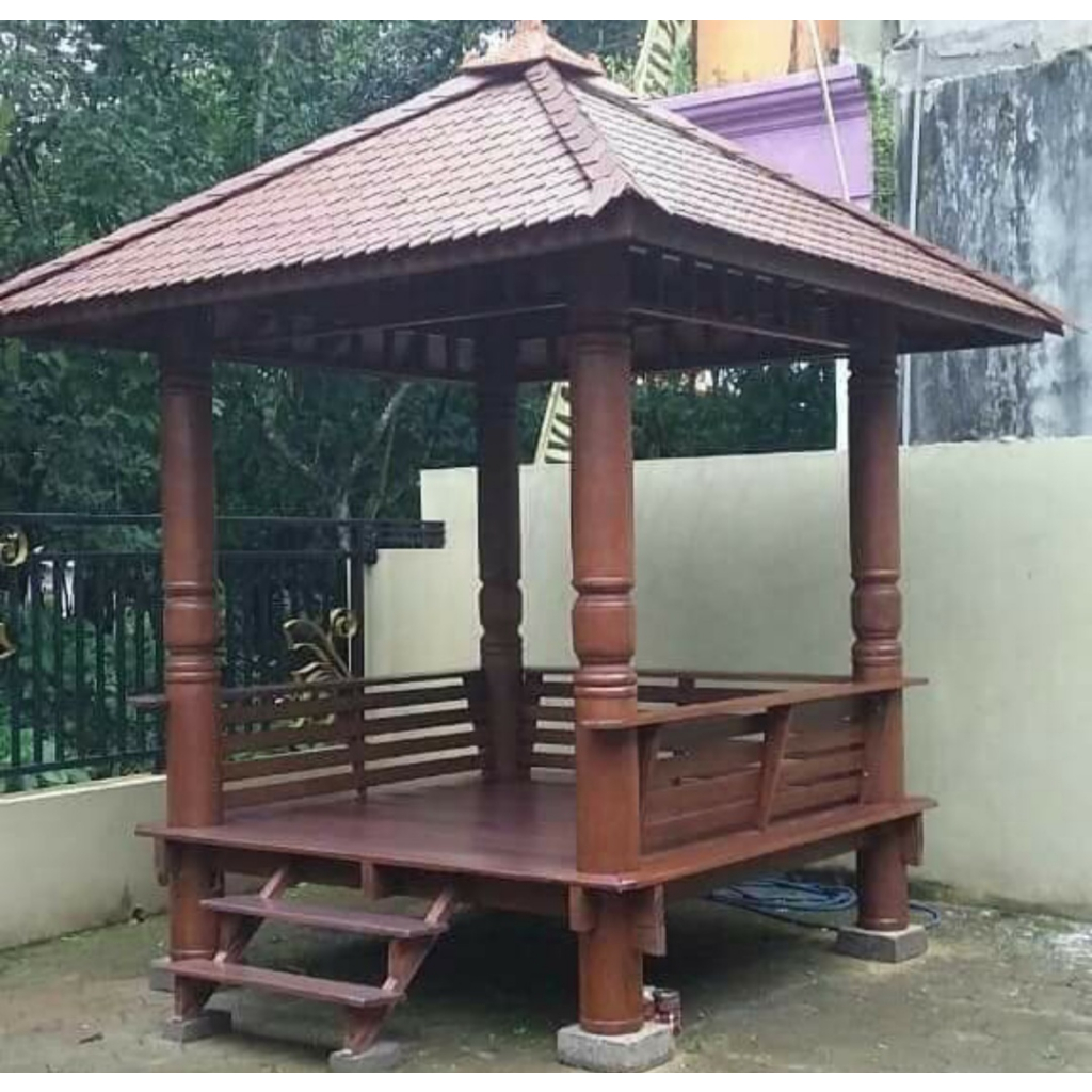 Jual Gazebo Tiang Motif Ukuran 2x2 Meter Atap Sirap Kayu Ulin Bahan