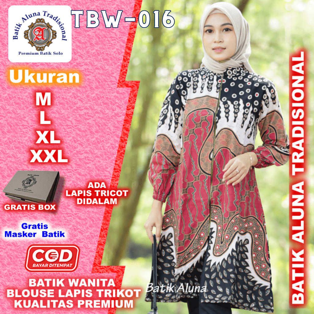 Jual Baju Batik Wanita Tunik Blouse Premium Lapis Trikot Aluna Tbw