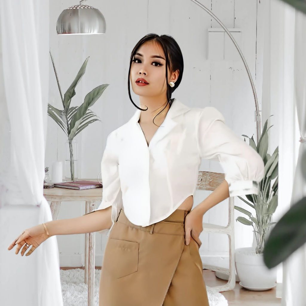 Jual Atasan Kemeja Crop Puff Chia Lengan Panjang Baju Crop Shopee