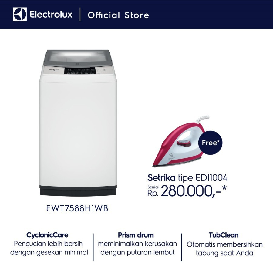 Jual ELECTROLUX EWT7588H1WB Mesin Cuci Top Loading 7 5 Kg EWT 7588H1WB