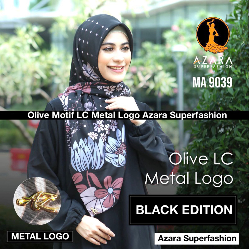 Jual 10 Biji Jilbab Segi Empat Olive Motif Metal Logo Dasaran Hitam