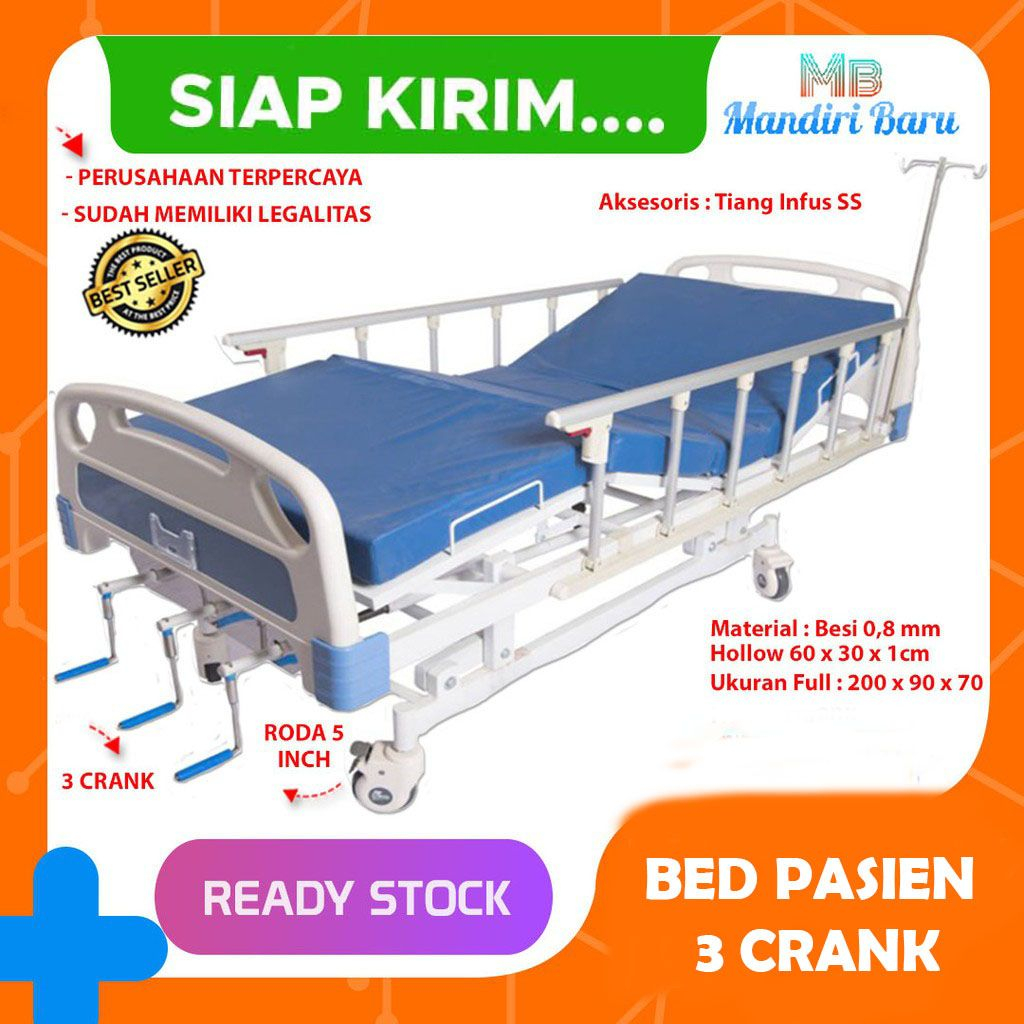 Jual BED PASIEN RUMAH SAKIT 3 CRANK ABS Ranjang Pasien Rumah Sakit