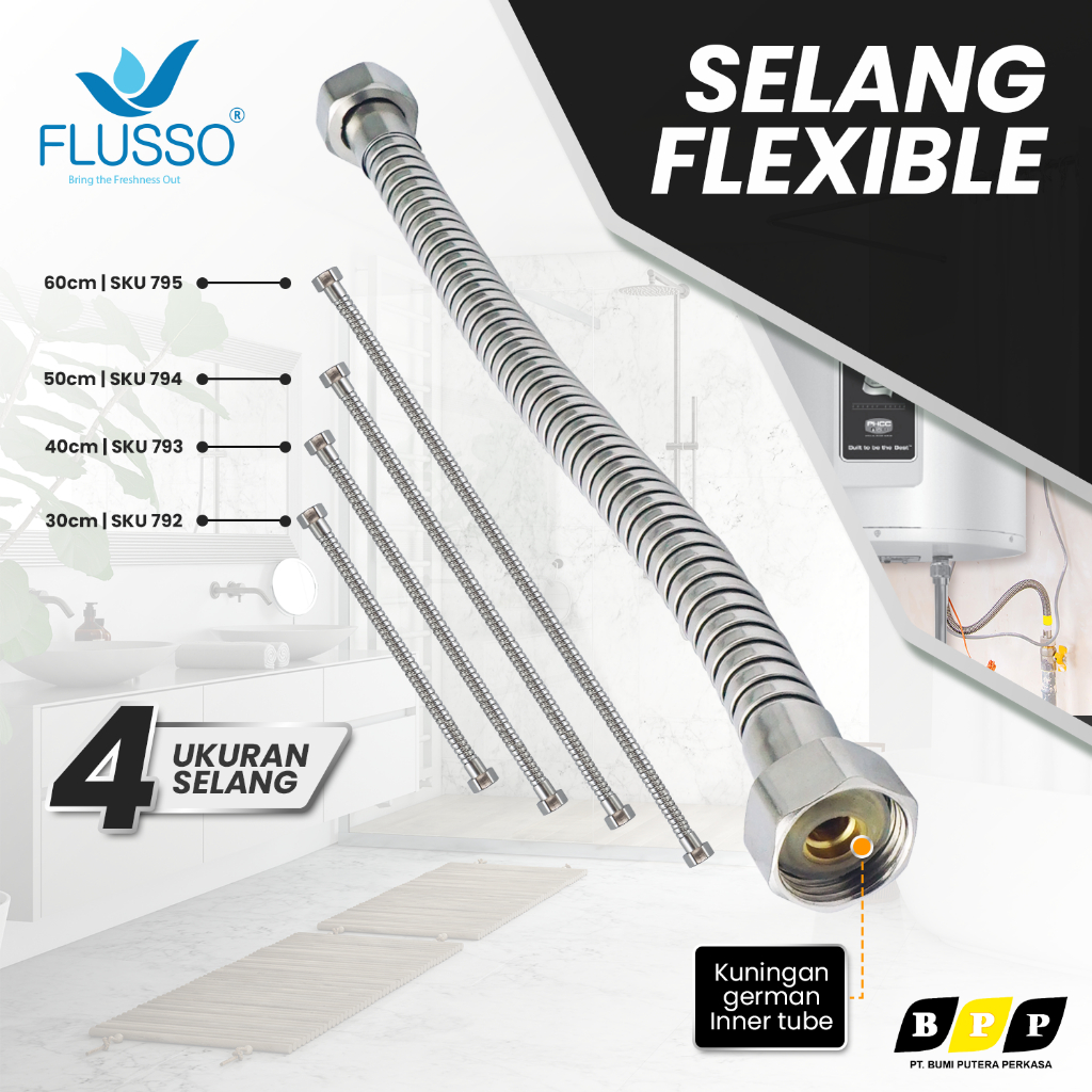 Jual Selang Fleksibel Universal FLUSSO Stainless Berbagai Ukuran Tahan