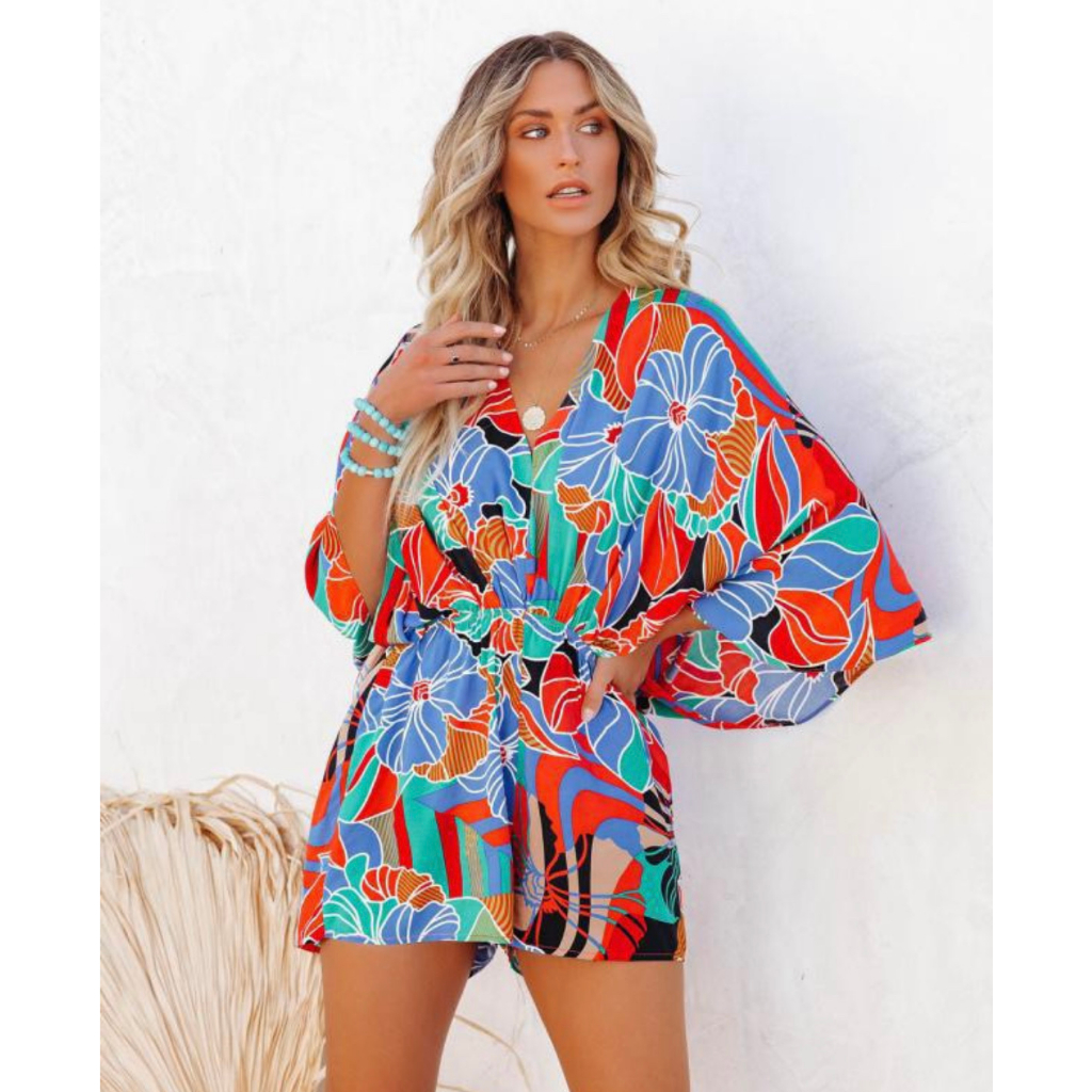 Jual Jumpsuit Wanita Jumbo Colorful Flower Beach Outer Baju Pantai