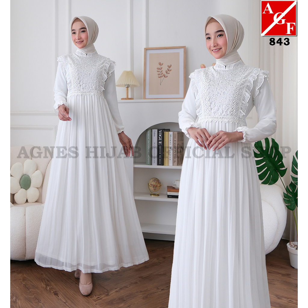 Jual Agnes Hijab Gamis Putih Syafa Dress Baju Wanita Lebaran Haji