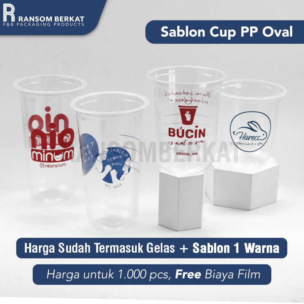 Jual Cetak Sablon Gelas Plastik Plastic Cup PP Oval U Berbagai Ukuran