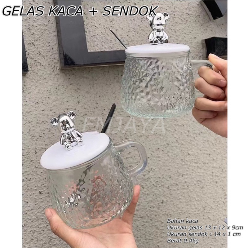 Jual GELAS KACA SENDOK MUG GELAS TUTUP BERUANG GELAS KACA