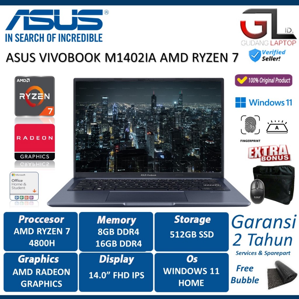 Jual Laptop Asus Vivobook M1402ia Amd Ryzen 7 4800h 8gb 512gb Ssd W11