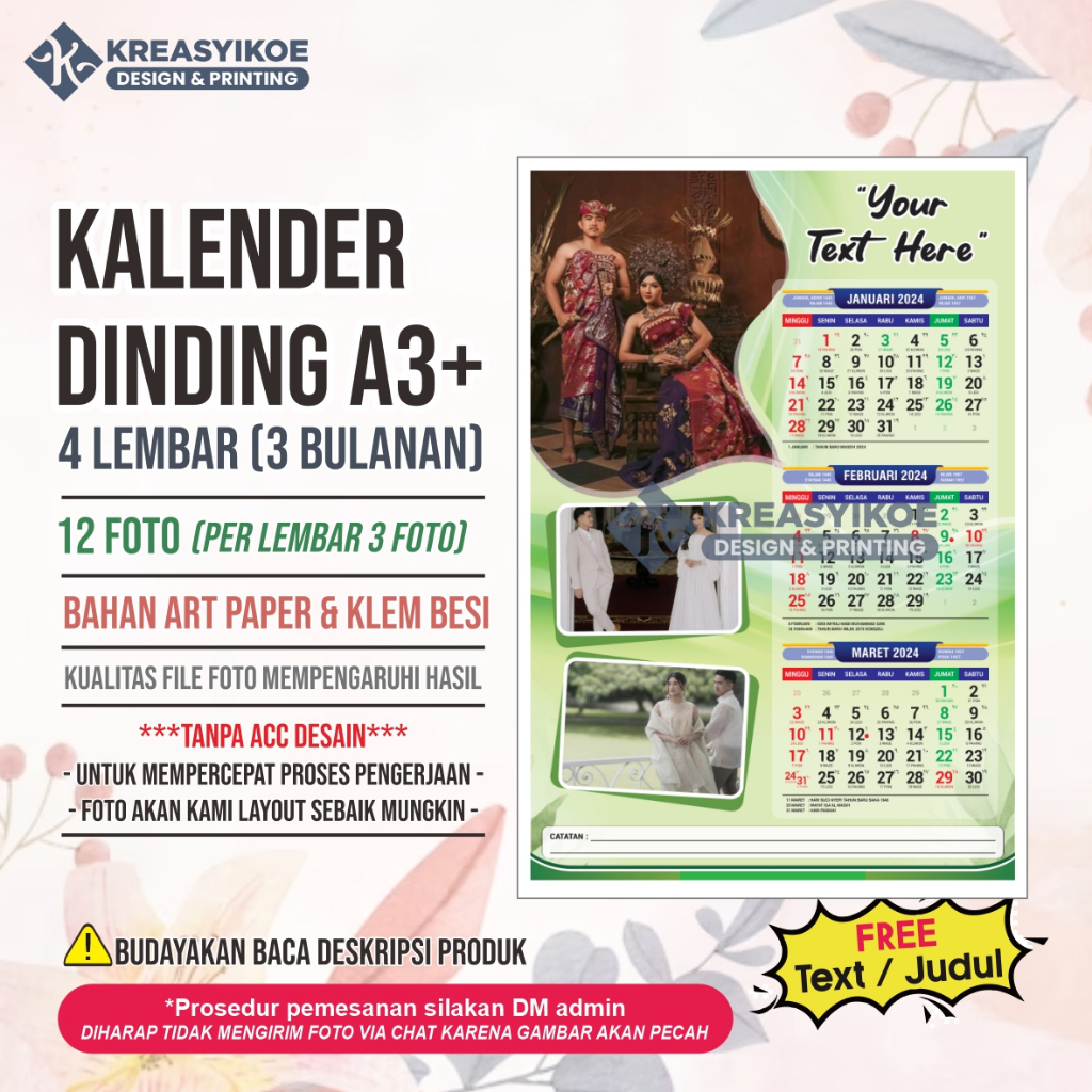 Jual Kalender Dinding Custom Foto A Bulan Lembar Art Paper