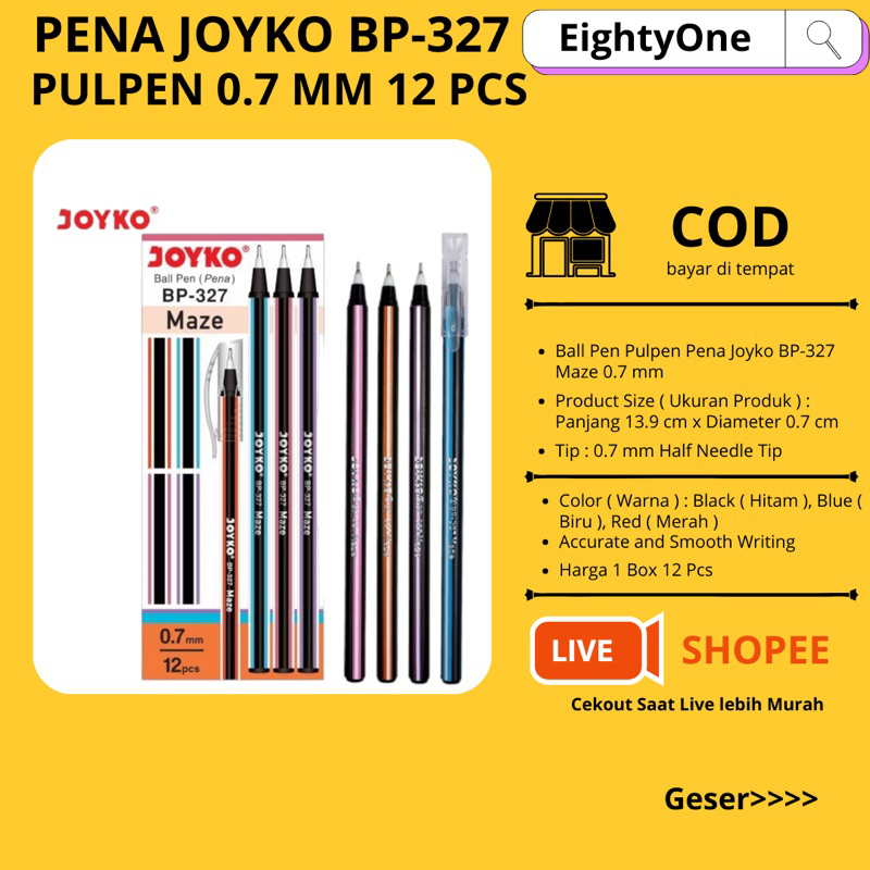 Jual 12 Pcs Pulpen Pena Joyko BP 327 Maze 0 7 Mm Shopee Indonesia